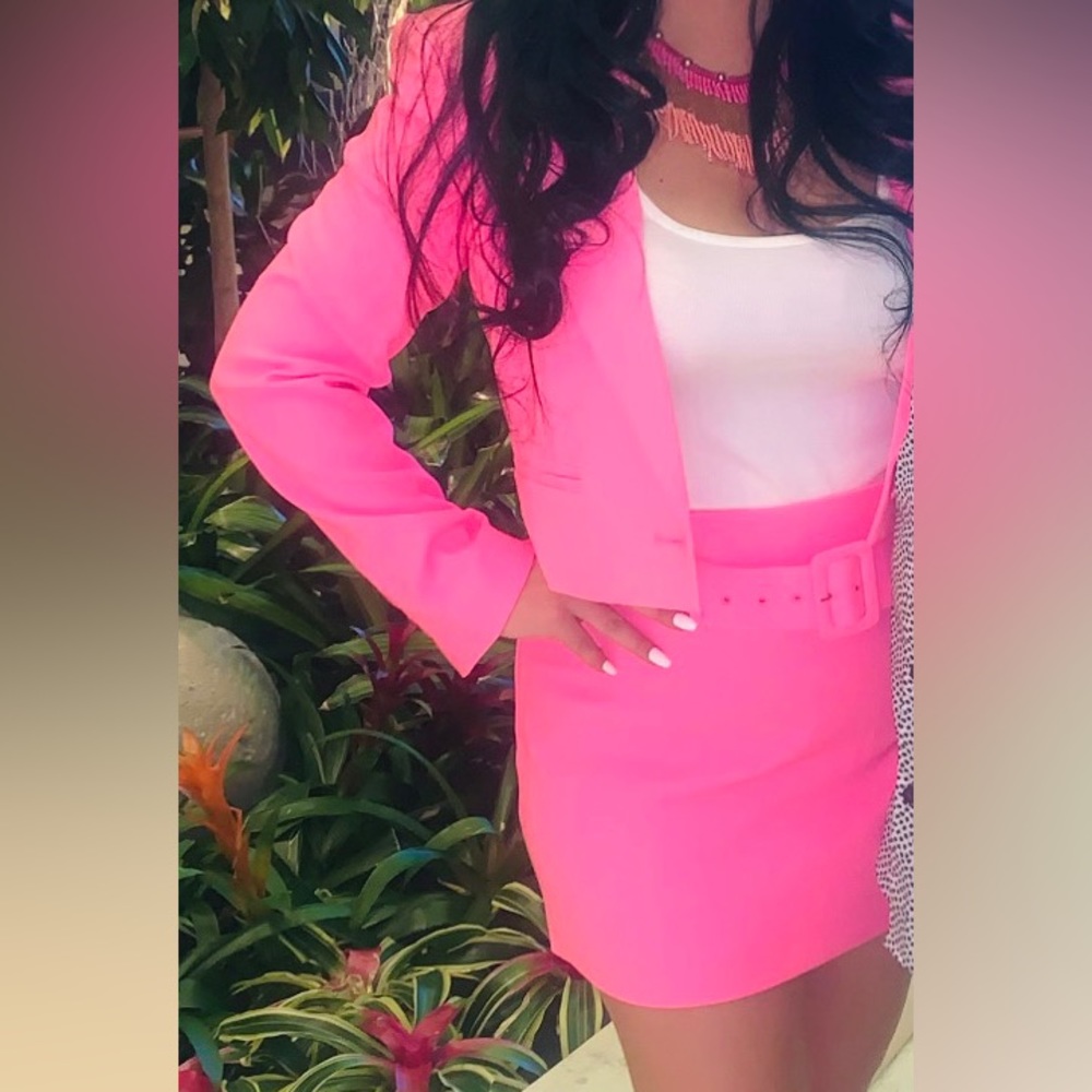 Express bubble pop pink blazer and belted mini skirt! Wore one time for my bday!